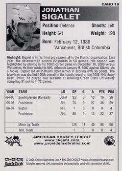 2007-08 Choice Providence Bruins (AHL) #18 Jonathan Sigalet Back