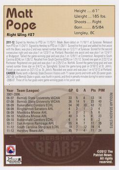 2012-13 Hershey Bears (AHL) #20 Matt Pope Back