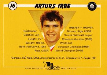 1991-92 Tri-Globe Magnificent Five #16 Arturs Irbe Back