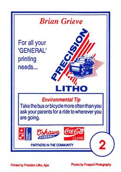 1991-92 Domino's/Coca-Cola Oshawa Generals (OHL) #2 Brian Grieve Back