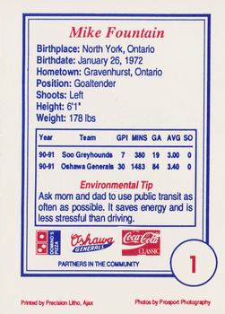 1991-92 Domino's/Coca-Cola Oshawa Generals (OHL) #1 Mike Fountain Back