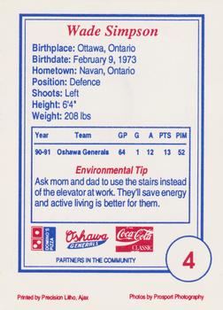 1991-92 Domino's/Coca-Cola Oshawa Generals (OHL) #4 Wade Simpson Back