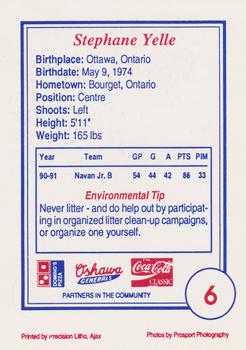 1991-92 Domino's/Coca-Cola Oshawa Generals (OHL) #6 Stephane Yelle Back