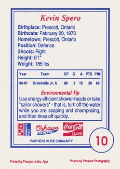 1991-92 Domino's/Coca-Cola Oshawa Generals (OHL) #10 Kevin Spero Back