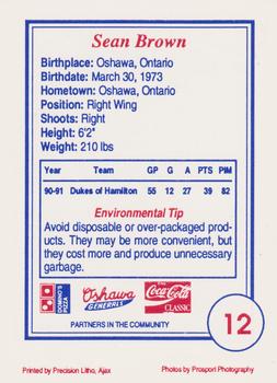 1991-92 Domino's/Coca-Cola Oshawa Generals (OHL) #12 Sean Brown Back