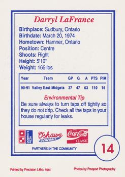 1991-92 Domino's/Coca-Cola Oshawa Generals (OHL) #14 Darryl LaFrance Back