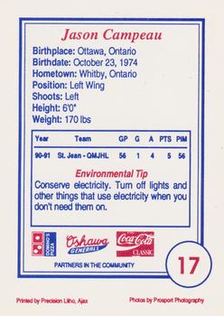 1991-92 Domino's/Coca-Cola Oshawa Generals (OHL) #17 Jason Campeau Back