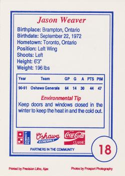 1991-92 Domino's/Coca-Cola Oshawa Generals (OHL) #18 Jason Weaver Back