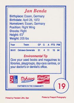1991-92 Domino's/Coca-Cola Oshawa Generals (OHL) #19 Jan Benda Back