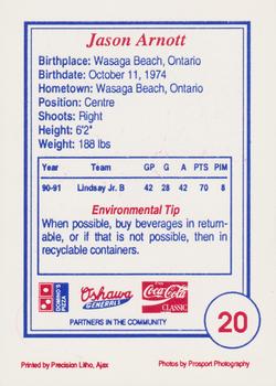 1991-92 Domino's/Coca-Cola Oshawa Generals (OHL) #20 Jason Arnott Back