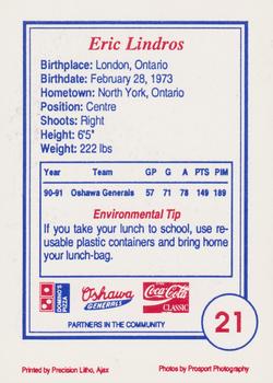 1991-92 Domino's/Coca-Cola Oshawa Generals (OHL) #21 Eric Lindros Back