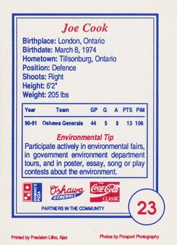 1991-92 Domino's/Coca-Cola Oshawa Generals (OHL) #23 Joe Cook Back