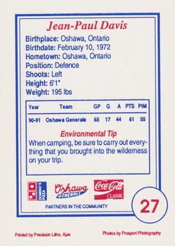 1991-92 Domino's/Coca-Cola Oshawa Generals (OHL) #27 Jean-Paul Davis Back