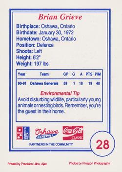 1991-92 Domino's/Coca-Cola Oshawa Generals (OHL) #28 Brian Grieve Back