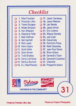 1991-92 Domino's/Coca-Cola Oshawa Generals (OHL) #31 Sponsor Ads-Checklist Back