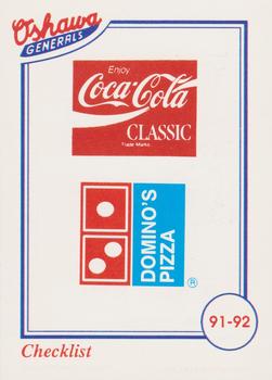 1991-92 Domino's/Coca-Cola Oshawa Generals (OHL) #31 Sponsor Ads-Checklist Front