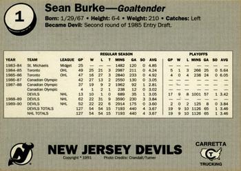 1990-91 Carretta New Jersey Devils #4 Sean Burke Back