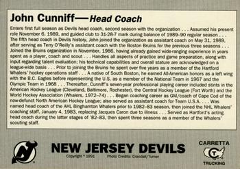 1990-91 Carretta New Jersey Devils #9 John Cunniff Back