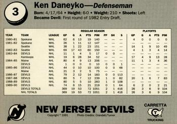 1990-91 Carretta New Jersey Devils #10 Ken Daneyko Back