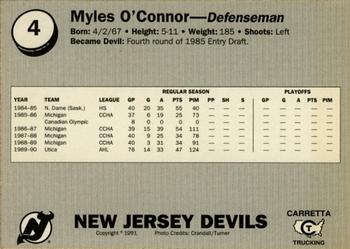 1990-91 Carretta New Jersey Devils #21 Myles O'Connor Back