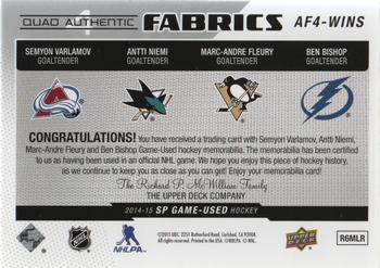 2014-15 SP Game Used - Authentic Fabrics Quads #AF4-WINS Semyon Varlamov / Antti Niemi / Marc-Andre Fleury / Ben Bishop Back