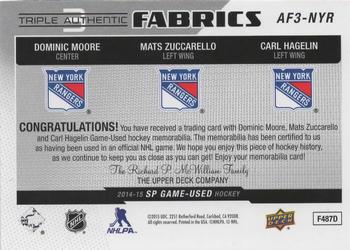 2014-15 SP Game Used - Authentic Fabrics Triples #AF3-NYR Dominic Moore / Mats Zuccarello / Carl Hagelin Back