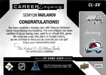 2014-15 SP Game Used - Career Legacy Jerseys #CL-SV Semyon Varlamov Back