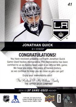2014-15 SP Game Used - Gold Jerseys #41 Jonathan Quick Back
