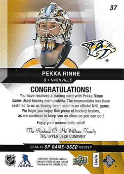 2014-15 SP Game Used - Gold Jerseys #37 Pekka Rinne Back