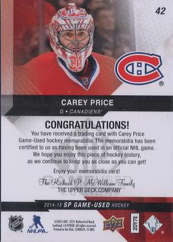 2014-15 SP Game Used - Gold Jerseys #42 Carey Price Back
