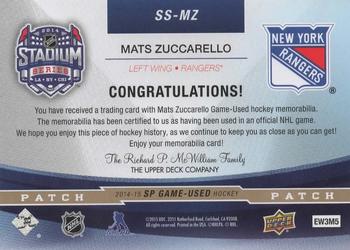 2014-15 SP Game Used - Stadium Series Materials Patches #SS-MZ Mats Zuccarello Back
