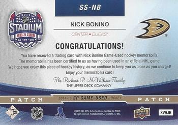 2014-15 SP Game Used - Stadium Series Materials Patches #SS-NB Nick Bonino Back