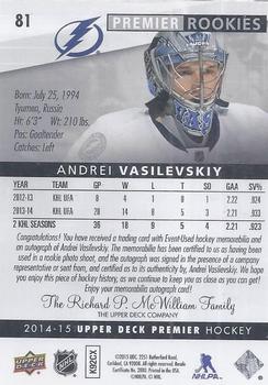 2014-15 Upper Deck Premier #81 Andrei Vasilevskiy Back