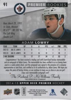 2014-15 Upper Deck Premier #91 Adam Lowry Back