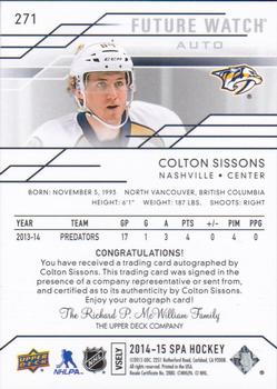 2014-15 SP Authentic #271 Colton Sissons Back