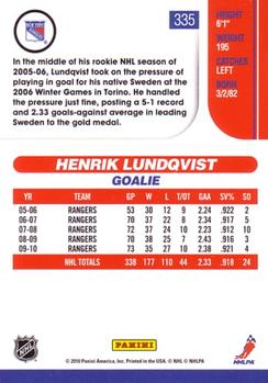 2010-11 Score #335 Henrik Lundqvist  Back