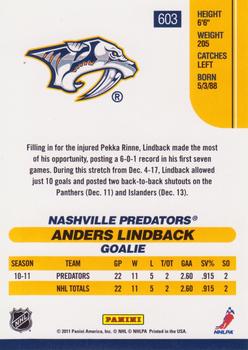 2010-11 Score #603 Anders Lindback  Back