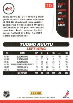 2010-11 Score - Glossy #112 Tuomo Ruutu  Back