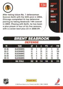 2010-11 Score - Glossy #134 Brent Seabrook  Back