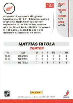 2010-11 Score - Glossy #193 Mattias Ritola  Back