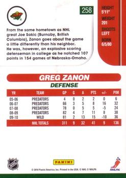 2010-11 Score - Glossy #258 Greg Zanon  Back