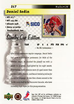 1999-00 Upper Deck MVP Stanley Cup Edition #217 Daniel Sedin Back