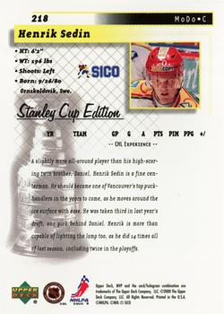 1999-00 Upper Deck MVP Stanley Cup Edition #218 Henrik Sedin Back