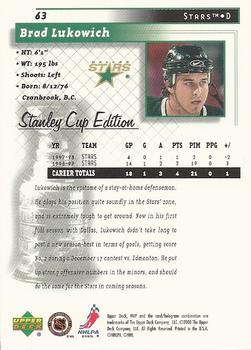 1999-00 Upper Deck MVP Stanley Cup Edition #63 Brad Lukowich Back