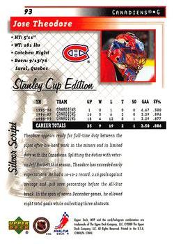 1999-00 Upper Deck MVP Stanley Cup Edition - Silver Script #93 Jose Theodore Back