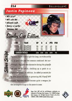 1999-00 Upper Deck MVP Stanley Cup Edition - Silver Script #216 Justin Papineau Back