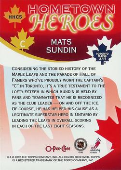 2002-03 O-Pee-Chee - Hometown Heroes Canada #HHC5 Mats Sundin Back