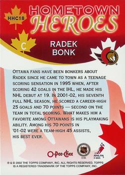 2002-03 O-Pee-Chee - Hometown Heroes Canada #HHC18 Radek Bonk Back