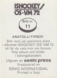 1972 Semic Ishockey OS-VM (Swedish) Stickers #11 Anatolij Firsov Back