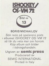 1972 Semic Ishockey OS-VM (Swedish) Stickers #13 Boris Michailov Back